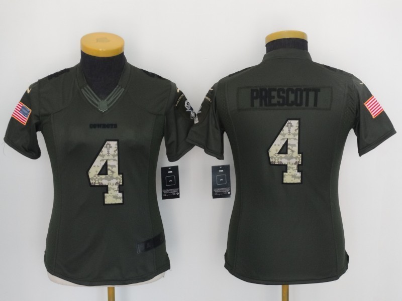 Womens Dallas Cowboys #4 Dak Prescott Green Salute TO Service Jerseys->->Women Jersey